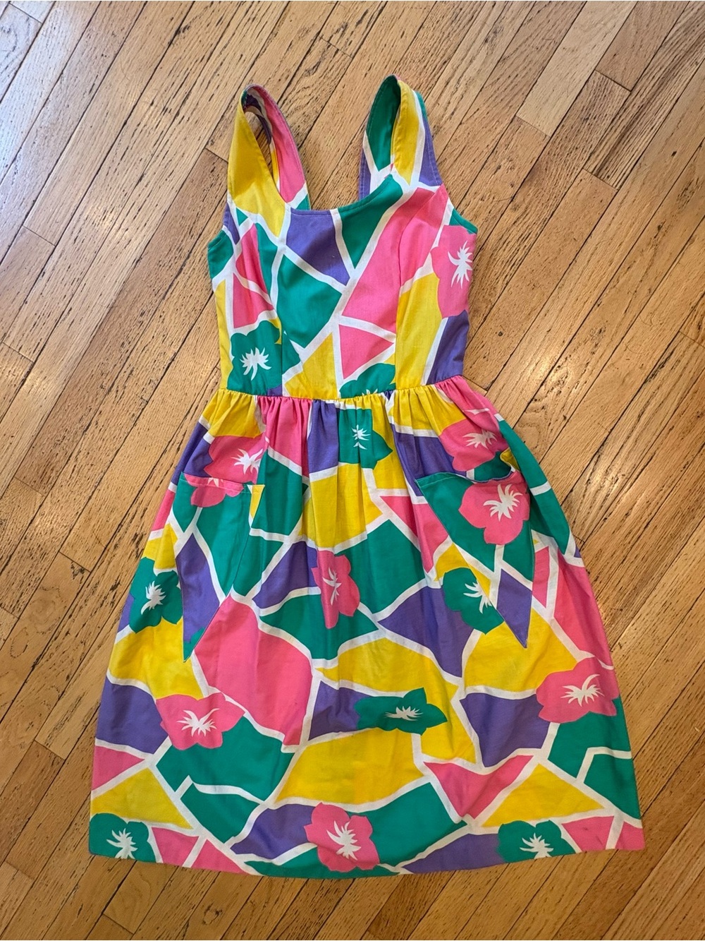 An original vintage Jenni Bright Multicolor Geometric Floral Midi Dress